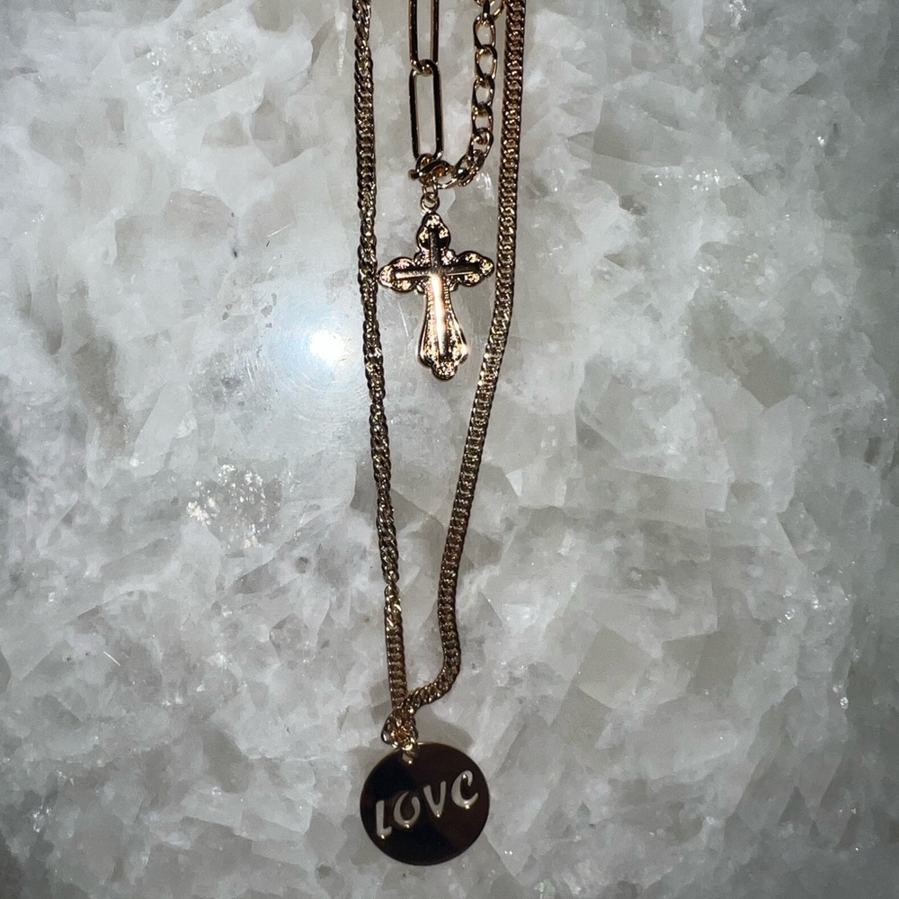 Gold Double Chain Cross & Love Necklace